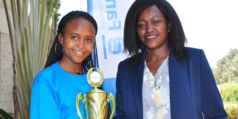 Family Bank CEO-Designate Rebecca Mbithi congratulates Carol Mvuya